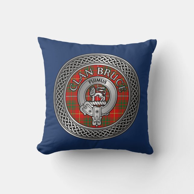 Clan Bruce Crest & Tartan Knot Throw Pillow (Front)