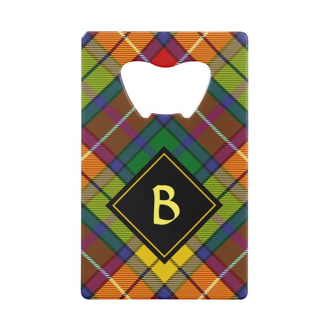 Clan Buchanan Crest over Tartan Credit Card Bottle Opener (Front)