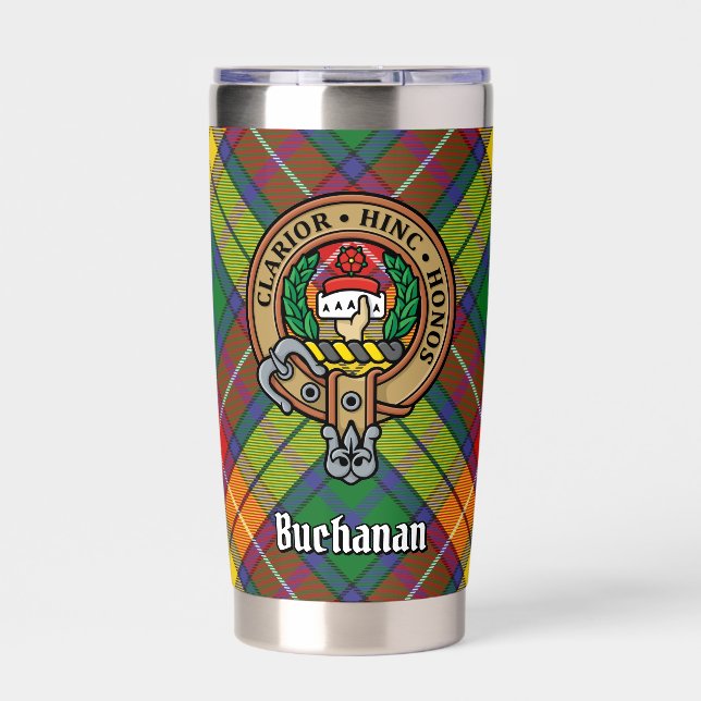 Clan Buchanan Crest over Tartan Insulated Tumbler (Front)