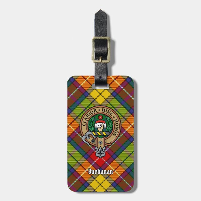 Clan Buchanan Crest over Tartan Luggage Tag (Front Vertical)