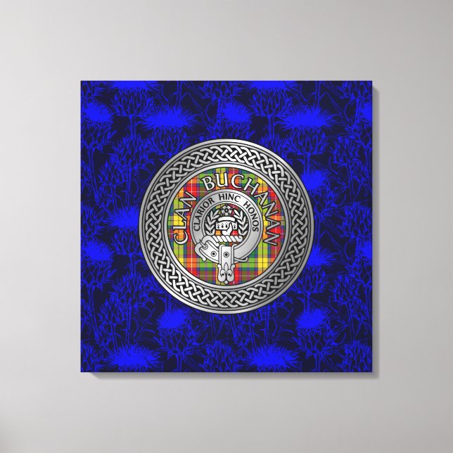 Clan Buchanan Crest & Tartan Knot on Thistle Canvas Print (Front)
