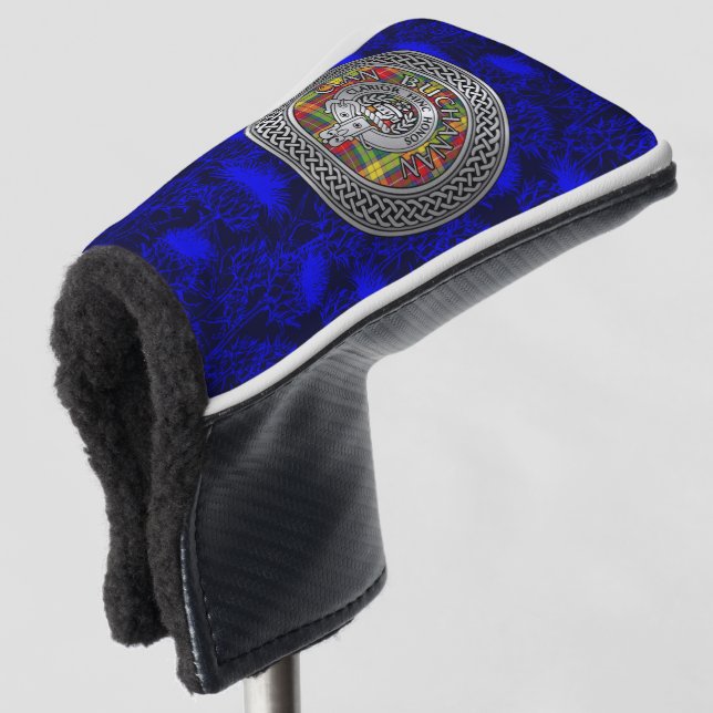 Clan Buchanan Crest & Tartan Knot on Thistle Golf Head Cover (3/4 Front)