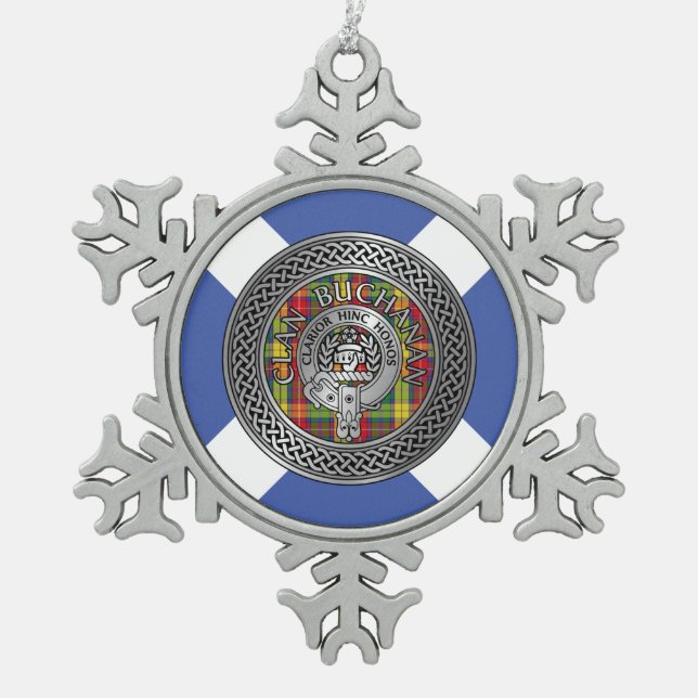 Clan Buchanan Crest & Tartan Snowflake Pewter Christmas Ornament (Front)