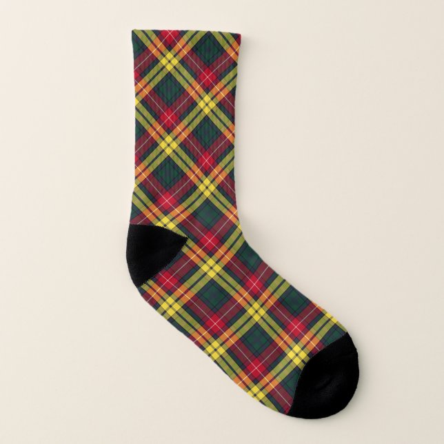 Clan Buchanan Tartan Red, Yellow and Green Plaid Socks (Left Inside)