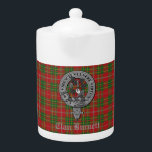 Clan Burnett Crest Badge & Tartan<br><div class="desc">Stylish teapot featuring Scottish Clan Burnett modern tartan background with clan crest badge and customizable text.</div>