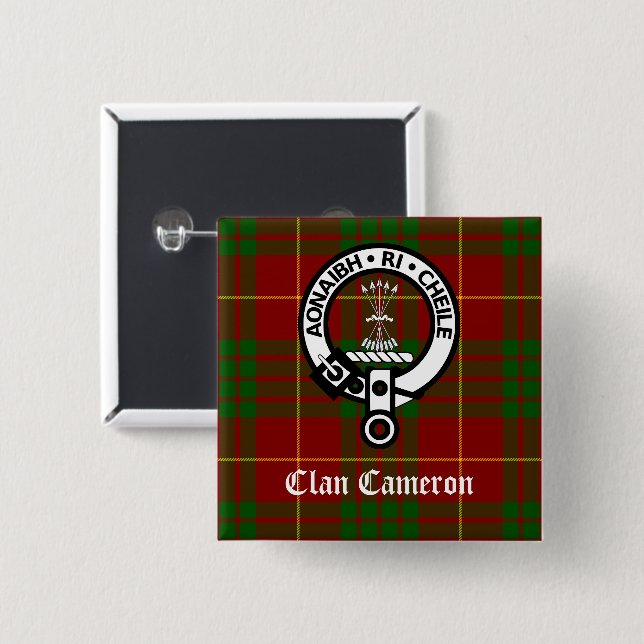 Clan Cameron Crest and Tartan 2 Inch Square Button (Front & Back)