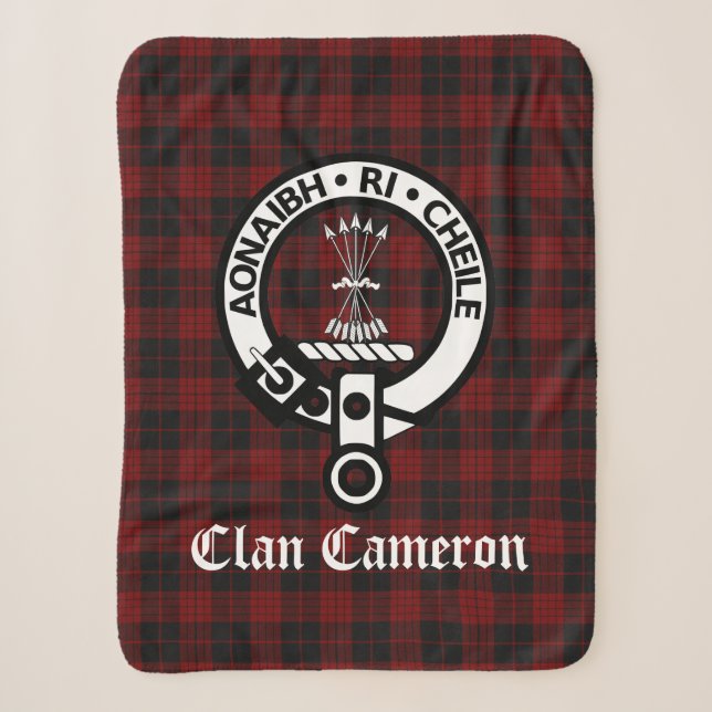 Clan Cameron Crest Badge and Tartan Sherpa Blanket (Front)