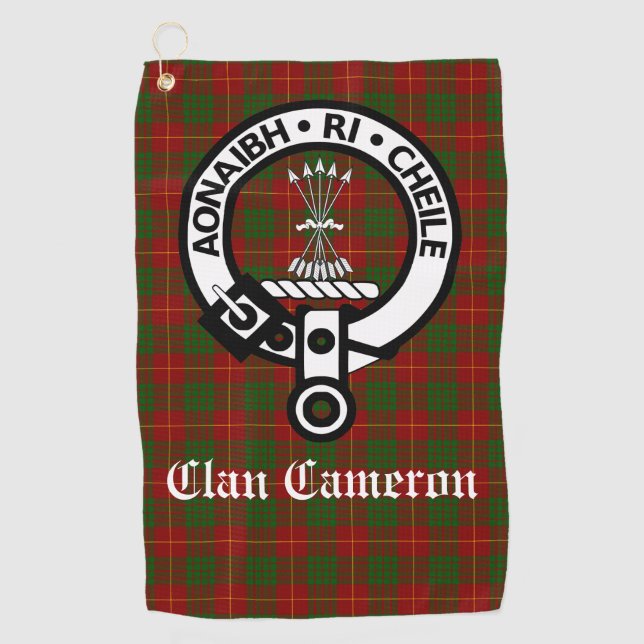 Clan Cameron Crest Badge & Tartan Customizable Golf Towel (Front)
