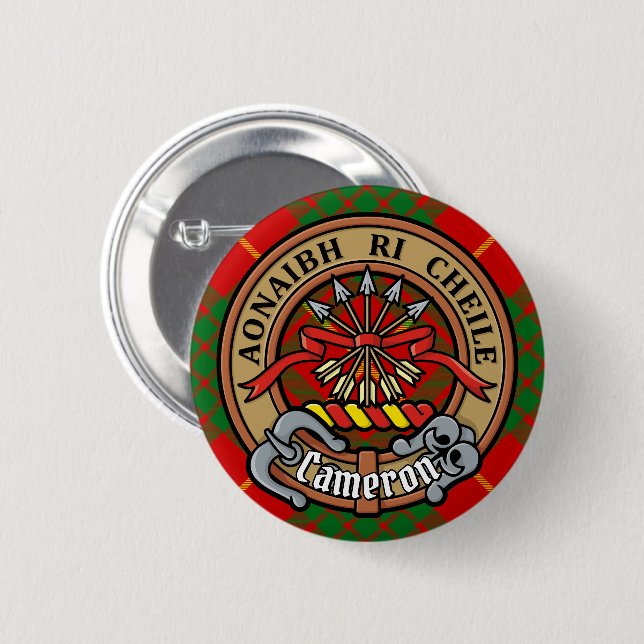 Clan Cameron Crest over Tartan 2 Inch Round Button (Front & Back)