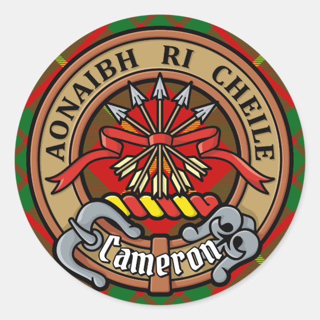Clan Cameron Crest over Tartan Classic Round Sticker (Front)