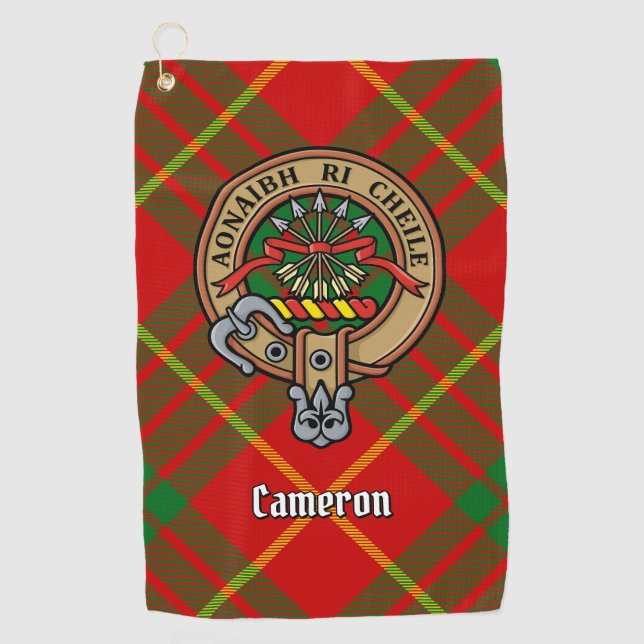 Clan Cameron Crest over Tartan Golf Towel (Front)