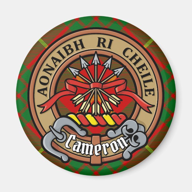 Clan Cameron Crest over Tartan Magnet (Front)