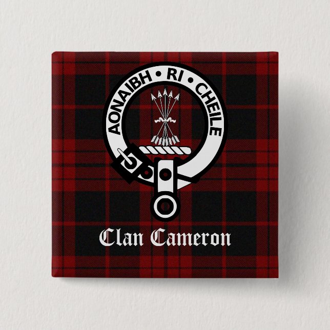 Clan Cameron Crest & Tartan 2 Inch Square Button (Front)