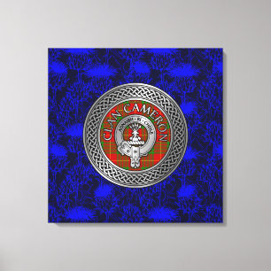 Clan Cameron Crest & Tartan Knot on Thistle Canvas Print