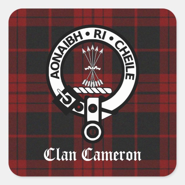 Clan Cameron Crest & Tartan Square Sticker (Front)