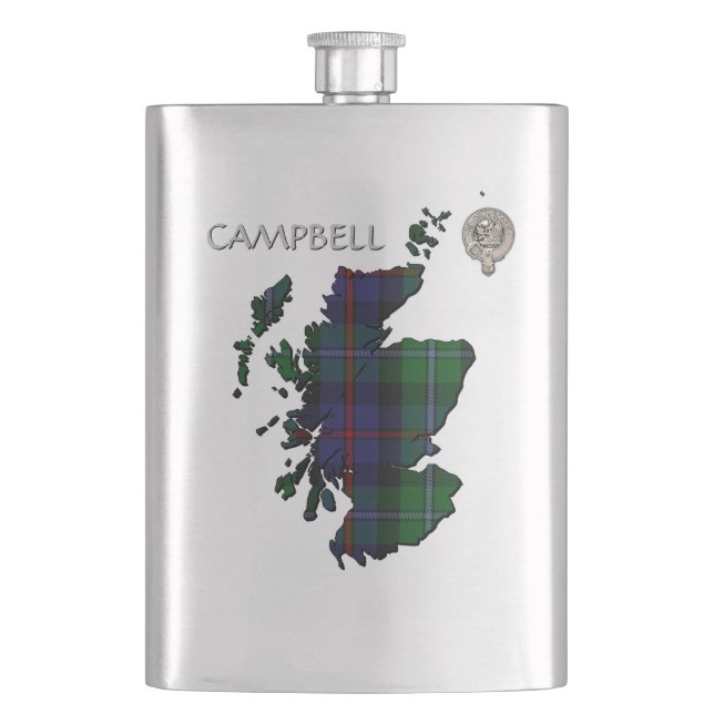 Clan Campbell Crest & Cawdor Tartan Map Hip Flask (Front)