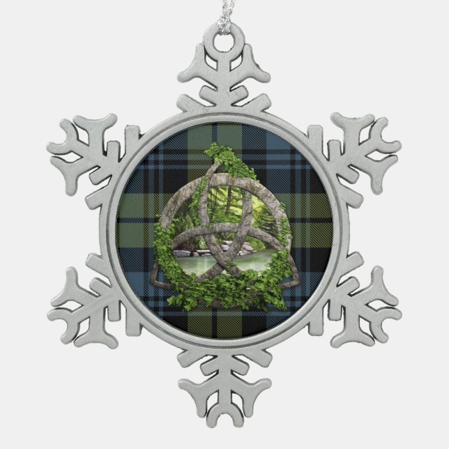 Clan Campbell Tartan Celtic Trinity Snowflake Pewter Christmas Ornament (Front)