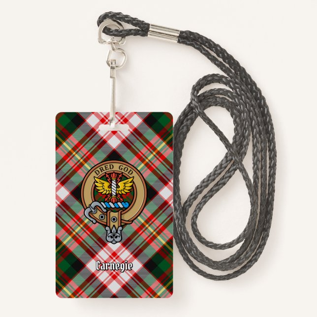 Clan Carnegie Crest over Dress Tartan Badge (Front with Lanyard)