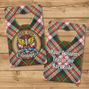Clan Carnegie Crest over Dress Tartan Credit Card Bottle Opener