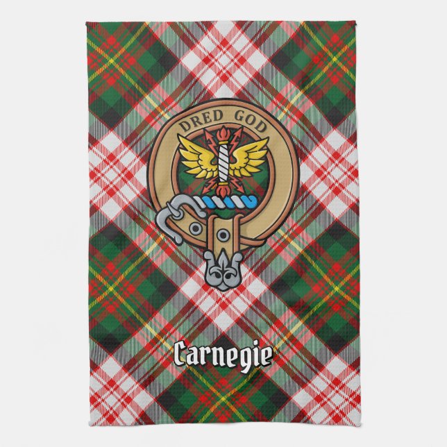 Clan Carnegie Crest over Dress Tartan Kitchen Towel (Vertical)