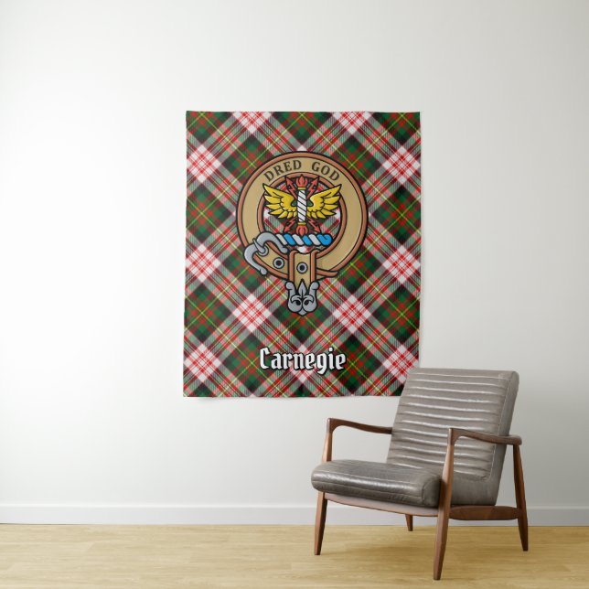 Clan Carnegie Crest over Dress Tartan Tapestry (In Situ)