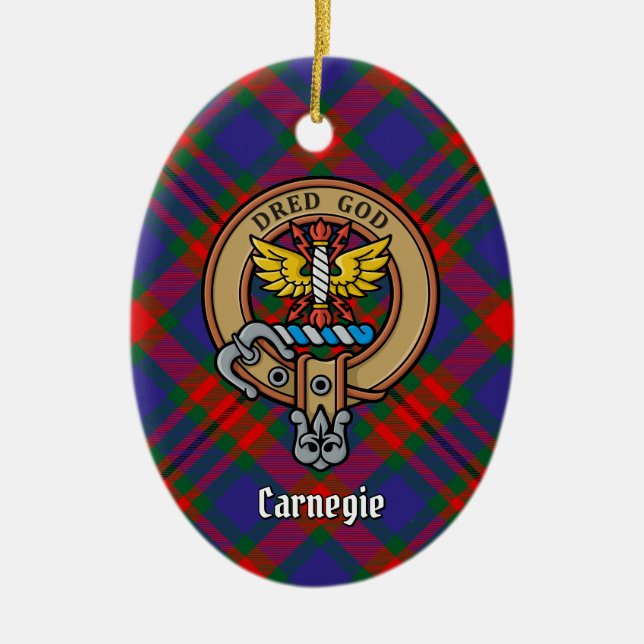 Clan Carnegie Crest over Tartan Ceramic Ornament (Front)