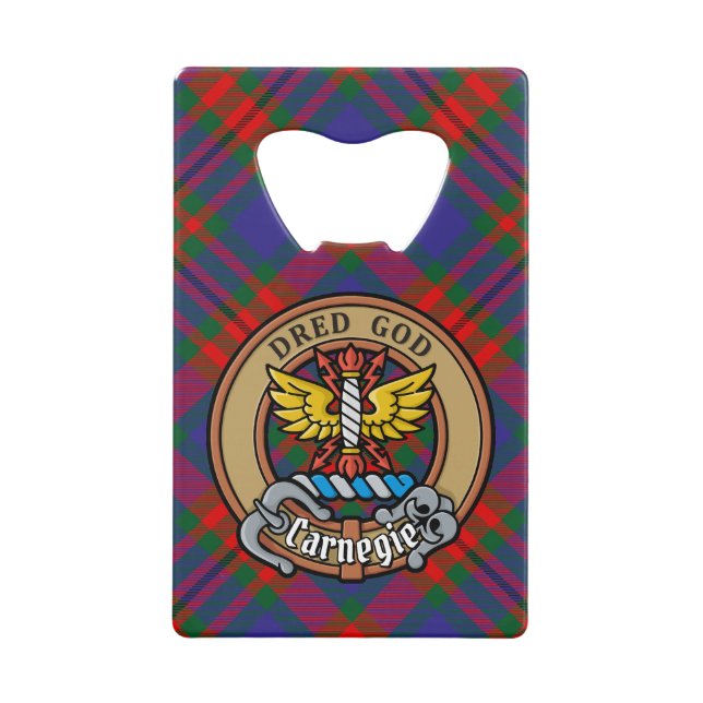 Clan Carnegie Crest over Tartan Credit Card Bottle Opener (Front)