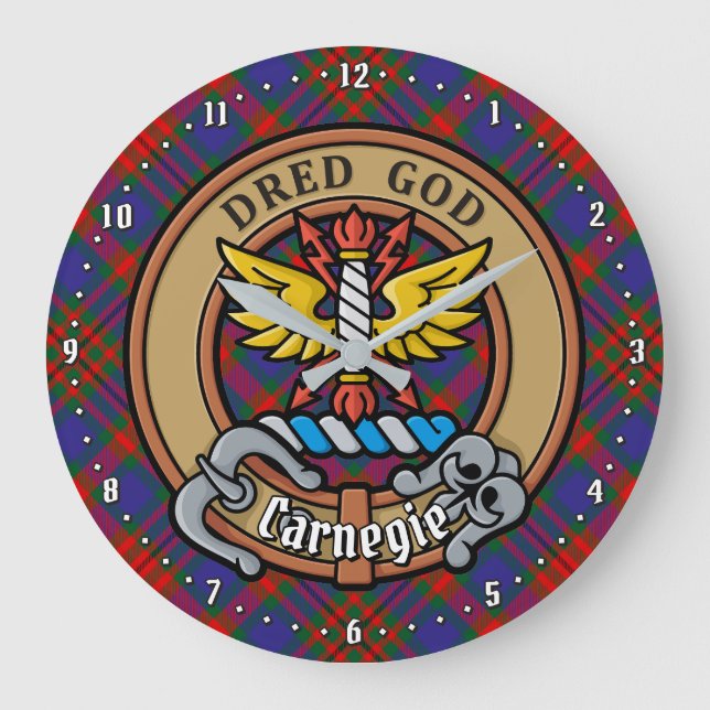 Clan Carnegie Crest over Tartan Large Clock (Front)