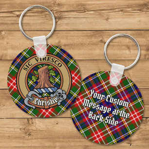 Clan Christie Crest over Tartan Keychain
