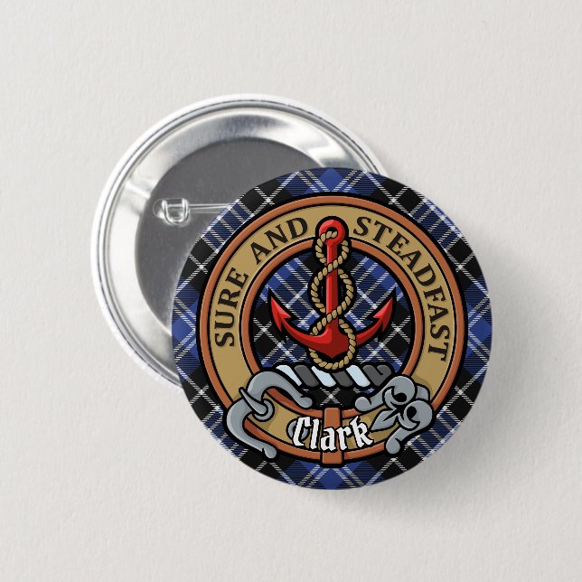 Clan Clark Crest over Tartan 2 Inch Round Button (Front & Back)