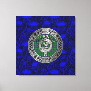 Clan Cockburn Crest & Tartan Knot on Thistle Canvas Print