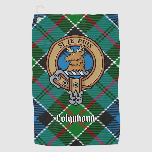 Clan Colquhoun Crest over Tartan Golf Towel (Front)