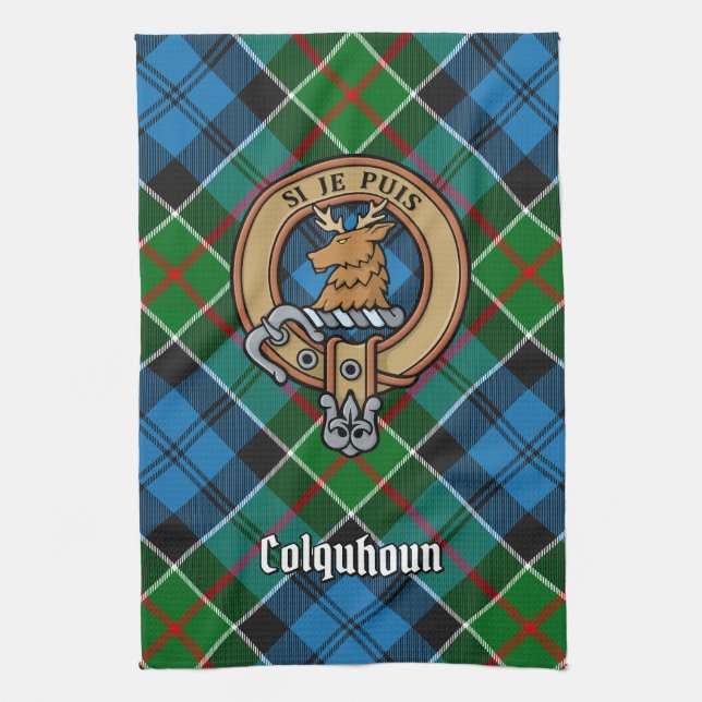 Clan Colquhoun Crest over Tartan Kitchen Towel (Vertical)