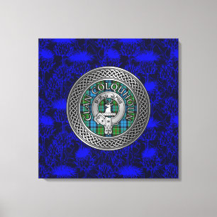 Clan Colquhoun Crest & Tartan Knot on Thistle Canvas Print