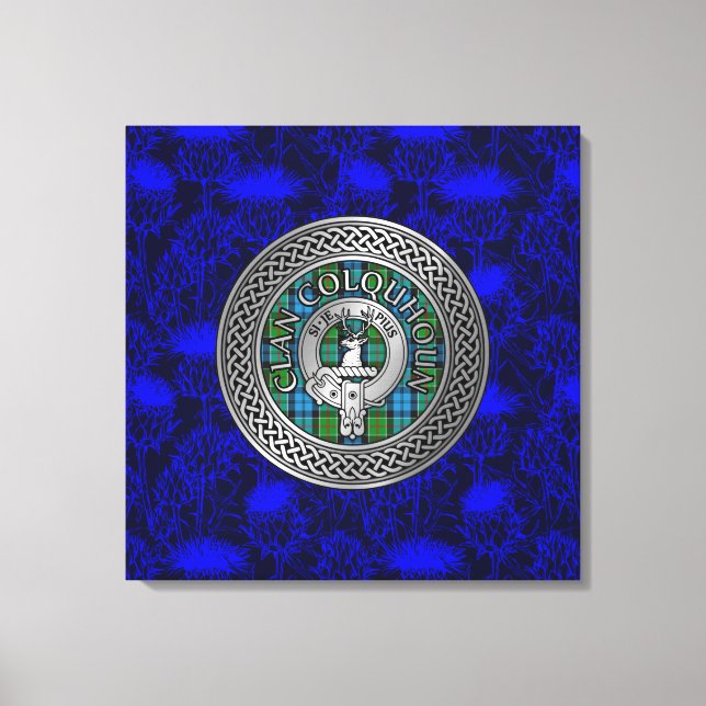 Clan Colquhoun Crest & Tartan Knot on Thistle Canvas Print (Front)