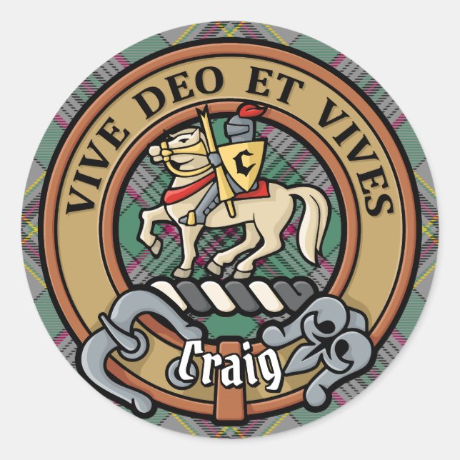 Clan Craig Crest over Tartan Classic Round Sticker (Front)