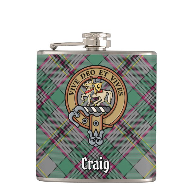 Clan Craig Crest over Tartan Hip Flask (Front)