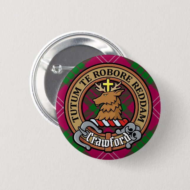 Clan Crawford Crest over Tartan 2 Inch Round Button (Front & Back)