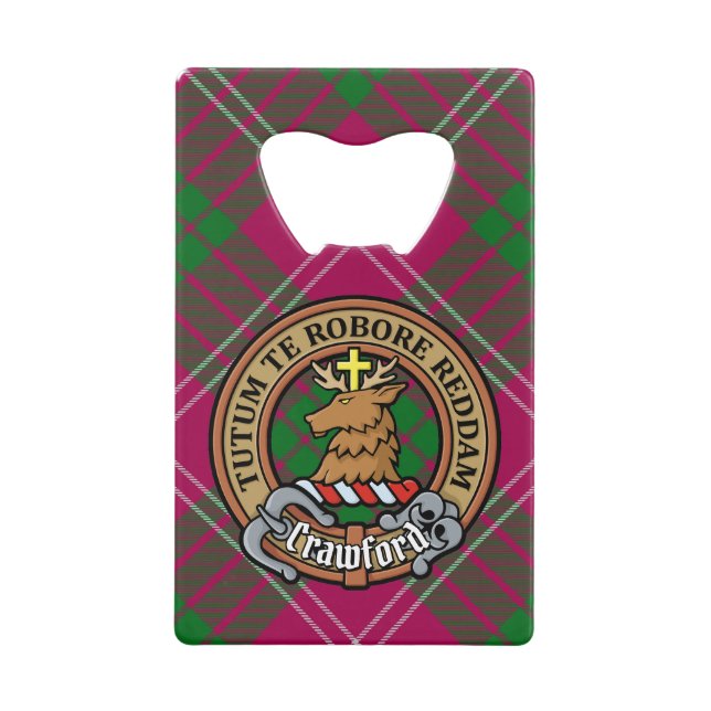 Clan Crawford Crest over Tartan Credit Card Bottle Opener (Front)