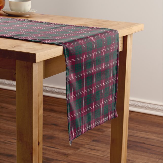 Clan Crawford Maroon and Green Scottish Tartan Short Table Runner (In Situ)