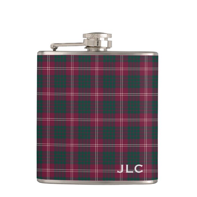 Clan Crawford Tartan Maroon Plaid Monogram Hip Flask (Front)