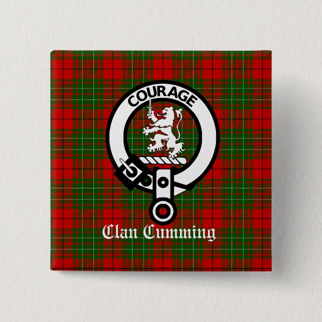Clan Cumming Crest Badge and Tartan 2 Inch Square Button (Front)