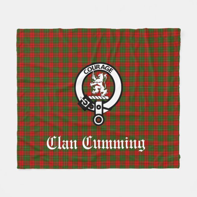 Clan Cumming Crest Badge and Tartan Fleece Blanket (Front (Horizontal))