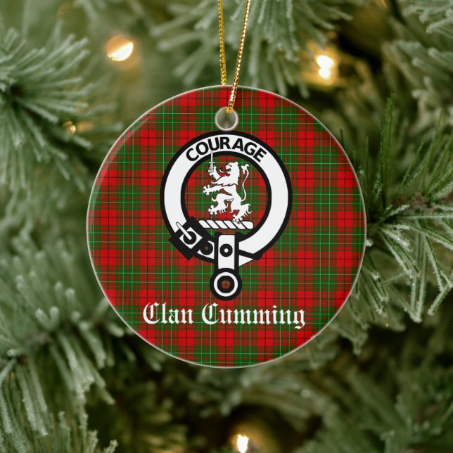 Clan Cumming Crest Badge and Tartan Personalized Ceramic Ornament (Tree)