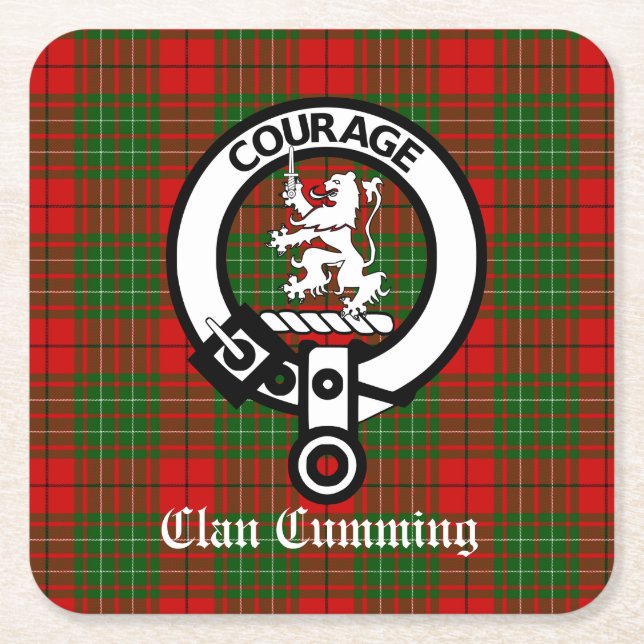 Clan Cumming Crest Badge and Tartan Square Paper Coaster (Front)