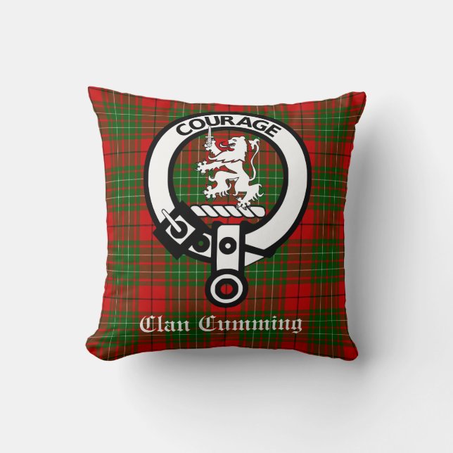 Clan Cumming Crest Badge and Tartan Throw Pillow (Front)
