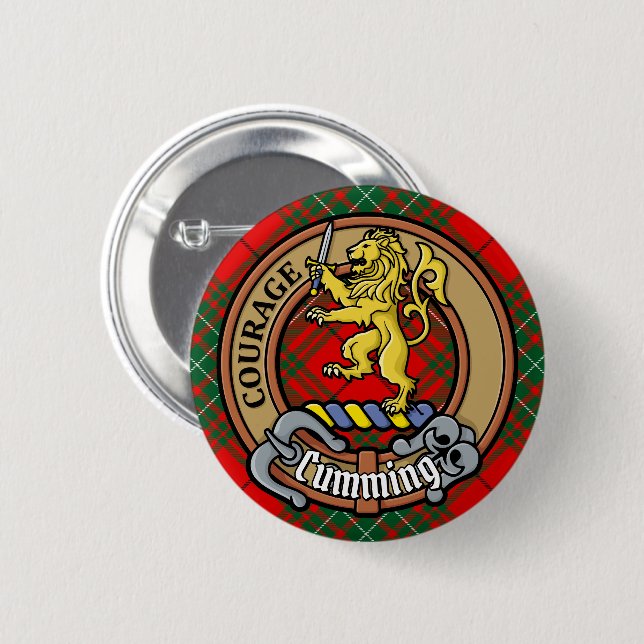 Clan Cumming Crest over Tartan 2 Inch Round Button (Front & Back)