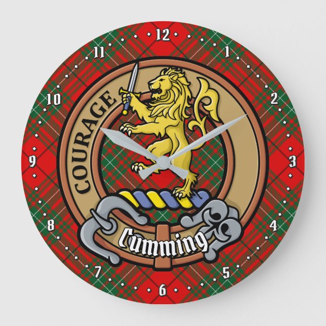 Clan Cumming Crest over Tartan Large Clock (Front)
