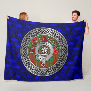 Clan Cumming Crest & Tartan Knot on Thistle Fleece Blanket