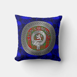 Clan Cumming Crest & Tartan Knot on Thistle Throw Pillow